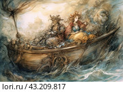 A fantasy illustration style scene rendered in soft pastel colors using detailed linework. Two characters are depicted in a luxuriously decorated boat sailing on a stormy sea. On the right sits a woman with voluminous hair, dressed in an elegant dress with puffed sleeves and a colorful skirt. To the left sits a bearded man wearing a hat and wearing long robes, perhaps a captain's or wizard's costume. The water around the boat appears wavy and slightly chaotic, adding a sense of movement and restlessness. Стоковое AI-изображение, AI-художник Анна Кривицкая / Фотобанк Лори