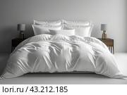 Белая постель. room interior comfortable bed, white sheets and pillows. Стоковое AI-изображение, AI-художник Katsiaryna Repich / Фотобанк Лори