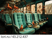 The interior of an old abandoned bus, in which bright orange birds are located on the seats and branches inside the cabin. The seats are covered in turquoise fabric, but look neglected and covered in dust and leaves. Birds move freely around the bus, giving the scene a picturesque feel and a sense of nature invading human space. Tree branches and vines wrap around the seats and windows, emphasizing the long abandonment of this place. Стоковое AI-изображение, AI-художник Анна Кривицкая / Фотобанк Лори