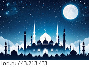 A peaceful scene of Eid AlFitr depicted in blue and white tones. The mosque silhouette is set against a foggy sky with stars dangling elegantly. Стоковое AI-изображение, AI-художник Анна Маркина / Фотобанк Лори