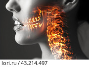 Hernia of the cervical spine, neck pain, woman suffering from backache and toothache, spondylosis of the intervertebral disc. Стоковое AI-изображение, AI-художник Станислав Тарко / Фотобанк Лори