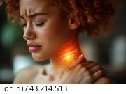 Thyroid gland inflammation, black woman with pain in shoulder and neck, sore throat and cough. Стоковое AI-изображение, AI-художник Станислав Тарко / Фотобанк Лори