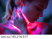 Thyroid gland inflammation, woman with neck pain, sore throat and cough. Стоковое AI-изображение, AI-художник Станислав Тарко / Фотобанк Лори