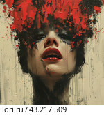 Abstract portrait of a woman with bright red lips and intense gaze. Her face is surrounded by expressive strokes of red and black paint, creating a sense of chaos and emotion. The colors seem to flow across her face, adding drama and depth to the image. The background is neutral and light, which emphasizes the contrast between the face and the surrounding paint strokes. Стоковое AI-изображение, AI-художник Анна Кривицкая / Фотобанк Лори