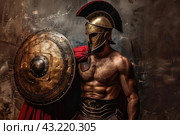Majestic spartan warrior in armor. Стоковое AI-изображение, AI-художник Иван Рябоконь / Фотобанк Лори