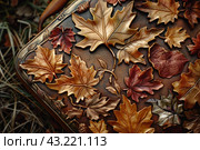 Autumn leaves embossed on leather craftwork. Стоковое AI-изображение, AI-художник Иван Рябоконь / Фотобанк Лори