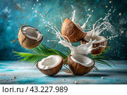 Splashes of coconut milk and palm leaves. Coconuts with a milky splash on a blue background. A banner for sweets, spa cosmetics or creams for body and face care. Стоковое AI-изображение, AI-художник Photojuli / Фотобанк Лори
