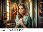 Portrait of a beautiful young woman in a headscarf in an Orthodox church. A girl prays in a church against the background of icons. Стоковое AI-изображение, AI-художник Photojuli / Фотобанк Лори