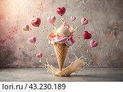 Sweet dessert. The love of ice cream. A heart-shaped ice cream cone with splash, hearts and splashes. The concept of Valentine's Day. Banner, advertisement. Стоковое AI-изображение, AI-художник Photojuli / Фотобанк Лори