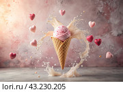 Sweet dessert. The love of ice cream. A heart-shaped ice cream cone with splash, hearts and splashes. The concept of Valentine's Day. Banner, advertisement. Стоковое AI-изображение, AI-художник Photojuli / Фотобанк Лори