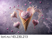 Sweet dessert. The love of ice cream. A heart-shaped ice cream cone with splash, hearts and splashes. The concept of Valentine's Day. Banner, advertisement. Стоковое AI-изображение, AI-художник Photojuli / Фотобанк Лори