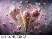 Sweet dessert. The love of ice cream. A heart-shaped ice cream cone with splash, hearts and splashes. The concept of Valentine's Day. Banner, advertisement. Стоковое AI-изображение, AI-художник Photojuli / Фотобанк Лори