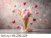 Sweet dessert. The love of ice cream. A heart-shaped ice cream cone with splash, hearts and splashes. The concept of Valentine's Day. Banner, advertisement. Стоковое AI-изображение, AI-художник Photojuli / Фотобанк Лори
