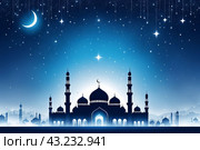 Eid AlFitr-themed illustration with a serene blue and white color palette. A mosque silhouette rises in the misty sky, embellished with shimmering stars. Стоковое AI-изображение, AI-художник Анна Маркина / Фотобанк Лори