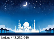 Blue and white Eid AlFitr illustration featuring a mosque silhouette against a foggy sky, adorned with twinkling stars. Стоковое AI-изображение, AI-художник Анна Маркина / Фотобанк Лори