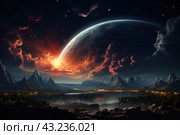 Fantastic landscape of an extraterrestrial planet. In the foreground, mountain ranges are visible, illuminated by the reddish light of sunset or sunrise, which gives the scene drama and mysticism. In the distance, a huge ringed planet can be seen occupying a significant portion of the sky, giving the impression of a powerful cosmic scale. The sky is filled with stars and cosmic clouds, creating a feeling of the vastness of the universe. Below, between the mountains, the lights of some settlement are visible, surrounded by forest and plains. Стоковое AI-изображение, AI-художник Анна Кривицкая / Фотобанк Лори