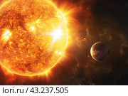 Bright sun against dark starry sky in Solar System. Sun in Space. Solar Surface Activity, Corona. Heatwave hot sun. Climate Change. Global Warming. Temperature of Summer season. Geomagnetic storm. Стоковое AI-изображение, AI-художник Марина Демидюк / Фотобанк Лори