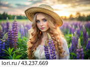 Spring flowering. Portrait of a beautiful curly-haired girl in a straw hat in a blooming field of lupines. The girl poses and looks at the camera. Стоковое AI-изображение, AI-художник Photojuli / Фотобанк Лори