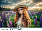 Spring flowering. Portrait of a beautiful curly-haired girl in a straw hat in a blooming field of lupines. The girl poses and looks at the camera. Стоковое AI-изображение, AI-художник Photojuli / Фотобанк Лори