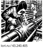 Сварочные работы на газопроводе крупного промышленного предприятия. Черно-белая иллюстрация. Стоковое AI-изображение, AI-художник Сергей Сергеев / Фотобанк Лори
