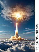 Ballistic military missile in blue sky with clouds, rocket launch trace. Anti-aircraft defense by military complexes, military aid, protection of sky. War concept on Earth. Copy ad text space. Стоковое AI-изображение, AI-художник Aleksandr Golubev / Фотобанк Лори