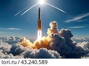 Ballistic military missile in blue sky with clouds, rocket launch trace. Anti-aircraft defense by military complexes, military aid, protection of sky. War concept on Earth. Copy ad text space. Стоковое AI-изображение, AI-художник Aleksandr Golubev / Фотобанк Лори