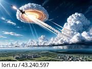 Ballistic military missile in blue sky with clouds, rocket launch trace. Anti-aircraft defense by military complexes, military aid, protection of sky. War concept on Earth. Copy ad text space. Стоковое AI-изображение, AI-художник Aleksandr Golubev / Фотобанк Лори