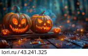 Glowing Jack-O-Lanterns in a Spooky Forest Setting at Night. Стоковое AI-изображение, AI-художник Сергей Толмачёв / Фотобанк Лори