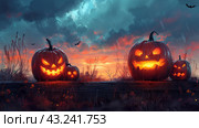 Glowing Jack-O-Lanterns in a Spooky Forest Setting at Night. Стоковое AI-изображение, AI-художник Сергей Толмачёв / Фотобанк Лори