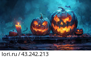 Glowing Jack-O-Lanterns in a Spooky Forest Setting at Night. Стоковое AI-изображение, AI-художник Сергей Толмачёв / Фотобанк Лори