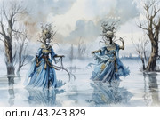 A fantastic scene with two mysterious figures dressed in elegant blue dresses with decorative elements. The figures resemble fairy-tale characters or spirits hovering over water in a winter forest. Their heads are adorned with elaborate crowns of branches and flowers, giving them an even more mystical appearance. The scene is made in cool blue and gray tones, creating an atmosphere of mystery and magic. Bare trees in the background and reflection in the water enhance the effect of unreality and fabulousness. Стоковое AI-изображение, AI-художник Анна Кривицкая / Фотобанк Лори