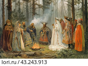 A group of people in medieval clothes gathered around a fire in the forest. All stage participants are dressed in rich and colorful outfits, decorated with complex patterns and details. The center of attention is a man wearing a crown with horns, who probably plays the role of a priest or shaman. Around him stand men and women in long robes and capes, which emphasizes the importance and solemnity of the moment. The fire adds the atmosphere of an ancient rite or ceremony to the scene, taking place against the backdrop of a dense forest. Стоковое AI-изображение, AI-художник Анна Кривицкая / Фотобанк Лори