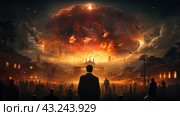 Apocalyptic scene: a person stands in the foreground watching a huge explosion or catastrophic event in the distance. The sky is covered with thick clouds and smoke, from which bright flashes of fire and light burst out. Many people gathered around the man, watching what was happening. Destroyed buildings and burning structures can be seen in the distance. Birds circle in the air, adding drama to the scene. The overall atmosphere of the image is filled with tension, chaos and destruction. Стоковое AI-изображение, AI-художник Анна Кривицкая / Фотобанк Лори
