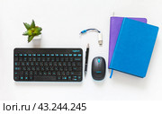 ANGARSK, IRKUTSK REGION, RUSSIA - May 27, 2024: Flat lay desktop with Logitech keyboard, wireless mouse, workbooks and cup of coffee. Logitech Powerful Performance for Creative Work. Редакционное фото, фотограф Виктория Катьянова / Фотобанк Лори