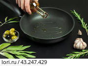 Рука повара наливает оливковое масло из бутылки в сковороду. Темный фон с зелеными и черными оливками, веточками розмарина и чесноком. Стоковое фото, фотограф Светлана Ельцова / Фотобанк Лори