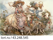 Watercolor painting in the Rococo style depicting two elegant ladies riding sheep and goats, decorated with garlands of flowers. The women wear luxurious pastel dresses with frills and hats decorated with flowers. The picture is filled with romance and tenderness, conveying the atmosphere of a carefree rural holiday. The background of the composition is filled with flowering plants and soft watercolor shades, creating a dreamlike and idealized scene. Стоковое AI-изображение, AI-художник Анна Кривицкая / Фотобанк Лори