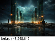 A futuristic scene with tall, shining monoliths standing in a row, creating a majestic corridor. They are illuminated with soft light and surrounded by twinkling lights, giving the scene a mystical and magical mood. In the foreground there are two people standing on opposite sides of the corridor and looking at the monoliths. The surface under their feet is wet, with puddles of water reflecting the light of the monoliths and lights. The night sky is covered with clouds, creating a dramatic atmosphere. Стоковое AI-изображение, AI-художник Анна Кривицкая / Фотобанк Лори