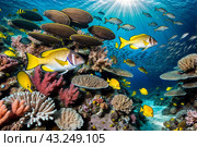 Shoal of colorful yellowtail snappers fish school swim in tropical underwaters. Bluestripe Snapper in underwater world. Observation of wildlife. Scuba diving adventure. Стоковое AI-изображение, AI-художник Aleksandr Golubev / Фотобанк Лори