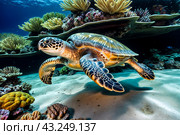 Green sea Turtle (Testudines) mammal swimming in tropical underwaters. Turtles in underwater wild animal world. Observation of wildlife ocean. Scuba diving adventure in Ecuador coast. Copy text space. Стоковое AI-изображение, AI-художник Aleksandr Golubev / Фотобанк Лори