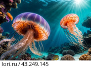 Jellyfish (Cubozoa) swimming in tropical underwaters bottom view. Medusa in underwater wild animal world. Observation of wildlife ocean. Scuba diving in Ecuador coast. Copy text space. Стоковое AI-изображение, AI-художник Aleksandr Golubev / Фотобанк Лори