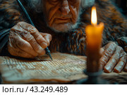 Пожилой человек пишет пером при свечах. Стоковое AI-изображение, AI-художник Щеголева Ольга / Фотобанк Лори