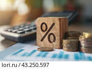 Tax season Taxation. Percent sign on wooden block, calculator, coins stack. Paperwork, financial research, report. Calculate tax return. Personal banking. Finance. Planning budget. Calculating expense. Стоковое AI-изображение, AI-художник Марина Демидюк / Фотобанк Лори