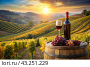 A bottle of red wine and a bunch of ripe grapes on a wooden oak barrel against the background of a vineyard. Стоковое AI-изображение, AI-художник Photojuli / Фотобанк Лори