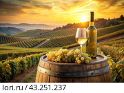 A bottle of white wine and a bunch of ripe grapes on a wooden oak barrel against the background of a vineyard. Стоковое AI-изображение, AI-художник Photojuli / Фотобанк Лори