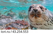 A seal swims in the ocean, gazing at the camera, showcasing its adaptation to marine life. Стоковое AI-видео, аниматор Юрий Поздников / Фотобанк Лори