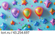 A wide assortment of vibrant balloons and stars arranged against a blue backdrop. Стоковое AI-видео, аниматор Юрий Поздников / Фотобанк Лори