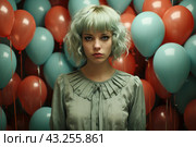 A young girl with short blonde hair dyed mint green and bangs. She is wearing an elegant mint dress with a high collar and neat pleats. The girl stands against the backdrop of many colorful balloons - blue and red, which create a festive atmosphere. However, the expression on her face is sad and thoughtful, which gives the image a mood of melancholy and sadness, despite the festive attributes around. Стоковое AI-изображение, AI-художник Анна Кривицкая / Фотобанк Лори