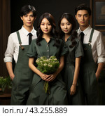 A group of four young people, two men and two women, standing together in a studio setting. They wear retro-chic uniforms, mostly green. Men wear green aprons over white shirts, while women wear elegant dresses in shades of green. One of the women is holding a bouquet of greenery in her hands. Everyone appears well-groomed and professional, creating an atmosphere of friendliness and competence. The background of the image is dark, which emphasizes the brightness and freshness of the characters' clothing and accessories. restaurant workers. Стоковое AI-изображение, AI-художник Анна Кривицкая / Фотобанк Лори