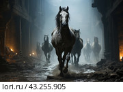 Several horses racing through a dark, gloomy passage, reminiscent of an ancient underground tunnel. The main focus is on a large gray horse running towards the viewer. The atmosphere of the picture is filled with drama and wild energy. Horses raise clouds of dust and dirt, creating the impression of power and swiftness. The background is illuminated by a faint light that breaks through the haze, emphasizing the mystery and tension of the scene. Стоковое AI-изображение, AI-художник Анна Кривицкая / Фотобанк Лори