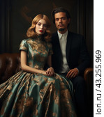 Young couple sitting together on a leather sofa. The woman is dressed in an elegant short-sleeved dress, decorated with a gold floral pattern on a green background. Her hair is neatly styled in soft waves, and she wears bright makeup with an accent on red lips. The man next to her is dressed in a formal black suit with a white shirt without a tie, which emphasizes his elegant and stylish image. Both look straight into the camera with a serious and confident expression on their faces. The background is darkened, which adds depth to the photo and focuses attention on the couple. This photograph embodies classic elegance and style, creating an atmosphere of luxury and sophistication. Стоковое AI-изображение, AI-художник Анна Кривицкая / Фотобанк Лори